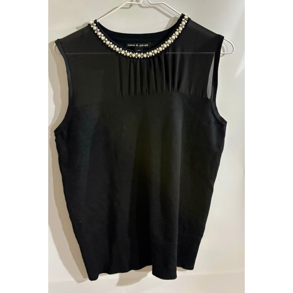 cable & gauge Women’s Sweater Tank Top L Black Solid Neck Beaded Sleeveless